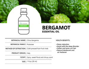 Bergamot Essential Oil (Citrus bergamia) - 30mL (1 fl oz.) -Natural Stress Reliever and Mood Lifter